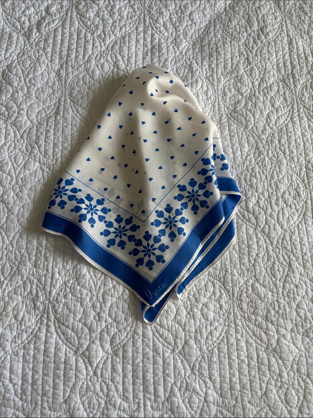 Vintage Vera Neumann Square Blue & White Floral Heart Scarf Silk Rayon?
